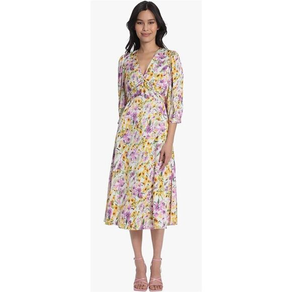 Maggy London Women's Floral Printed V-Neck Empire Waist Midi Dress